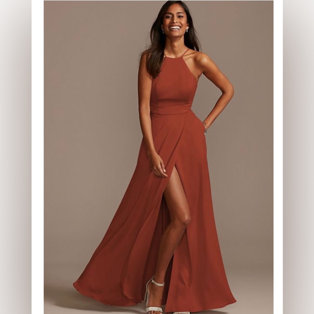 David’s Bridal Crepe-Back Satin High Neck Bridesmaid Dress